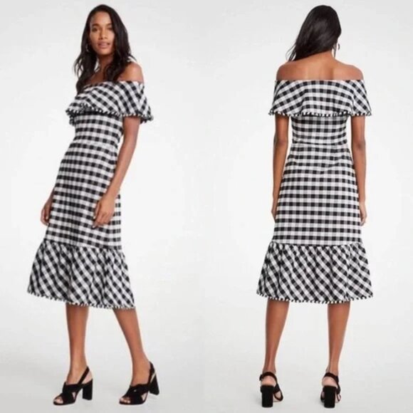 Ann Taylor Dresses & Skirts - NWT Ann Taylor Off Shoulder Gingham Dress Buffalo Plaid Check Black White